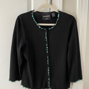 Vintage Michael Simon Women’s Black Cardigan Turquoise/ Beaded Edges Size-Large